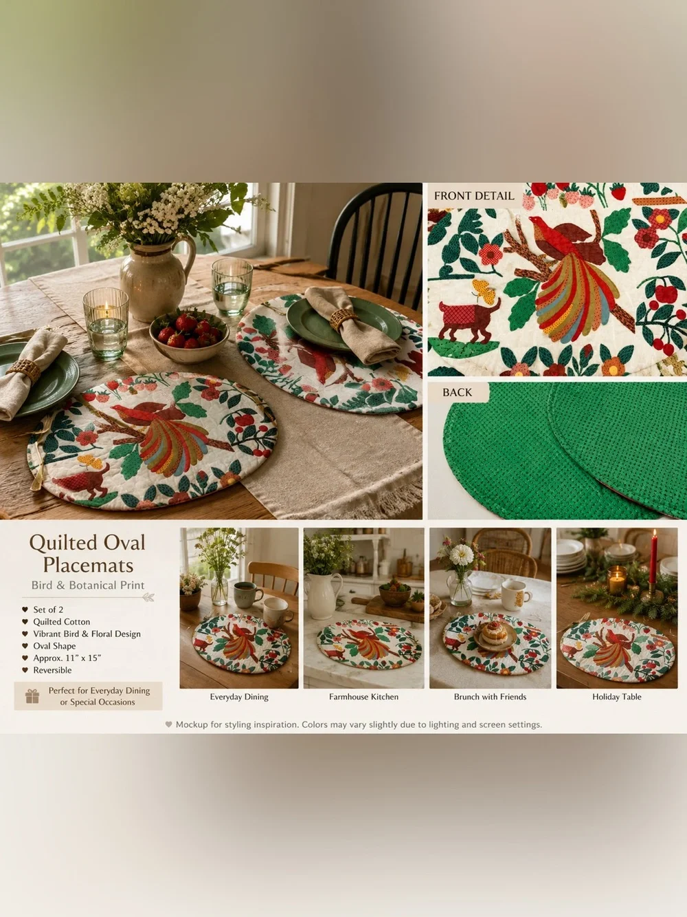 Handmade Quilted Bird Floral Oval Placemats Set of 2 Cottagecore Farmhouse 11x16